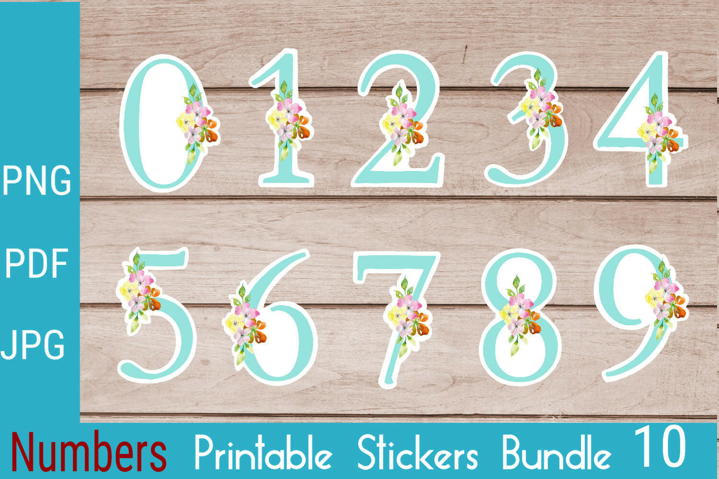 Number Stickers Teal Floral Numbers from 0 - 9 Printable