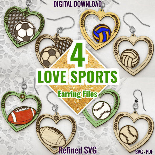 Love Sports Earring SVG Bundle, Baseball Earring SVG, Football Earring File, Soccer Earring File, Volleyball Earring File, Sports Earrings