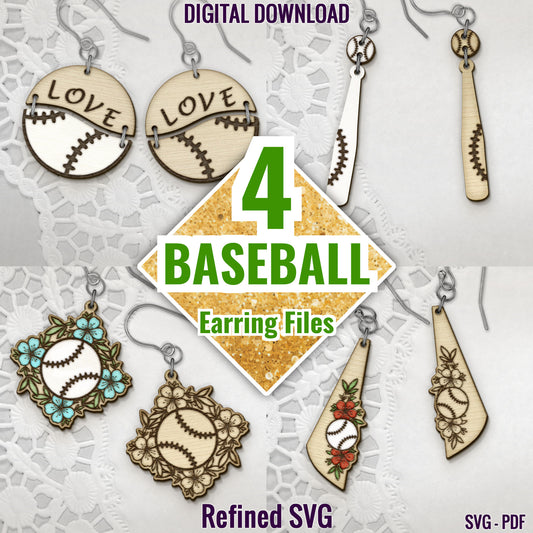 Baseball Earring SVG Bundle, 4 Baseball Earring Files, Sports Jewelry Cut Files, Baseball Earring SVG Set, Baseball Earring Cut Files