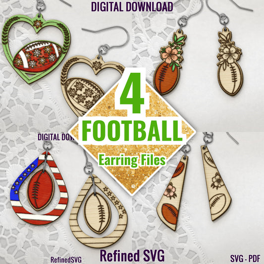 Football Earring SVG Bundle, 4 Football Earring Files, Sports Earring SVG Set, Football Sports Earring Cut Files, Football Earring Template