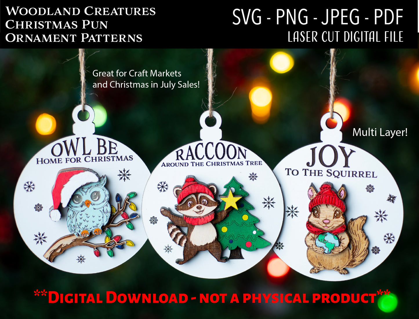 Laser Cut Digital File, Funny Woodland Creature Christmas Ornaments SVG, Glowforge, Christmas Owl, Christmas Squirrel, Christmas Raccoon