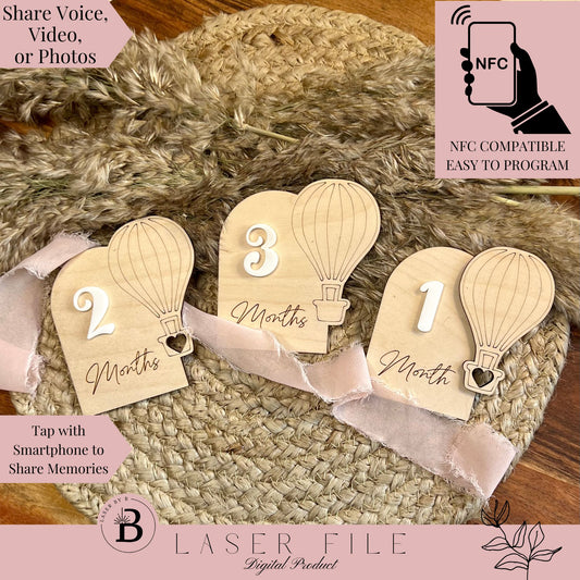 Hot Air Balloon Arch Milestone Tags with NFC Option – Elegant, Customizable Baby Milestone Set for Photoshoots & Memories