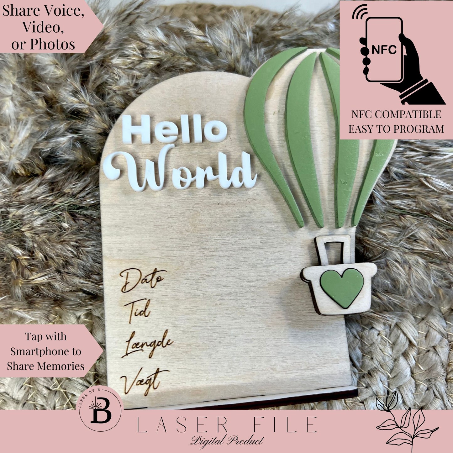 Hot Air Balloon 'Hello World' NFC Sign – Personalized Engraving & Memory Storage Keepsake