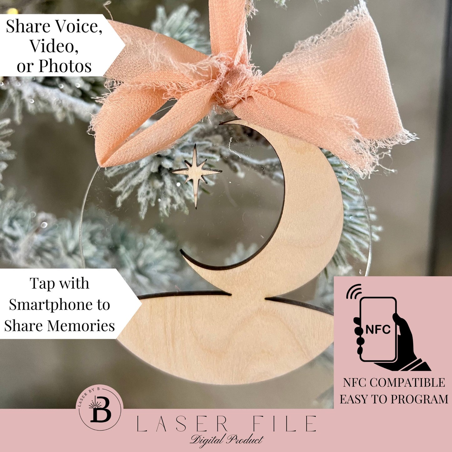 Moon and Star Memorial Keepsake Ornament – Personalize with Voice, Video, or Photos