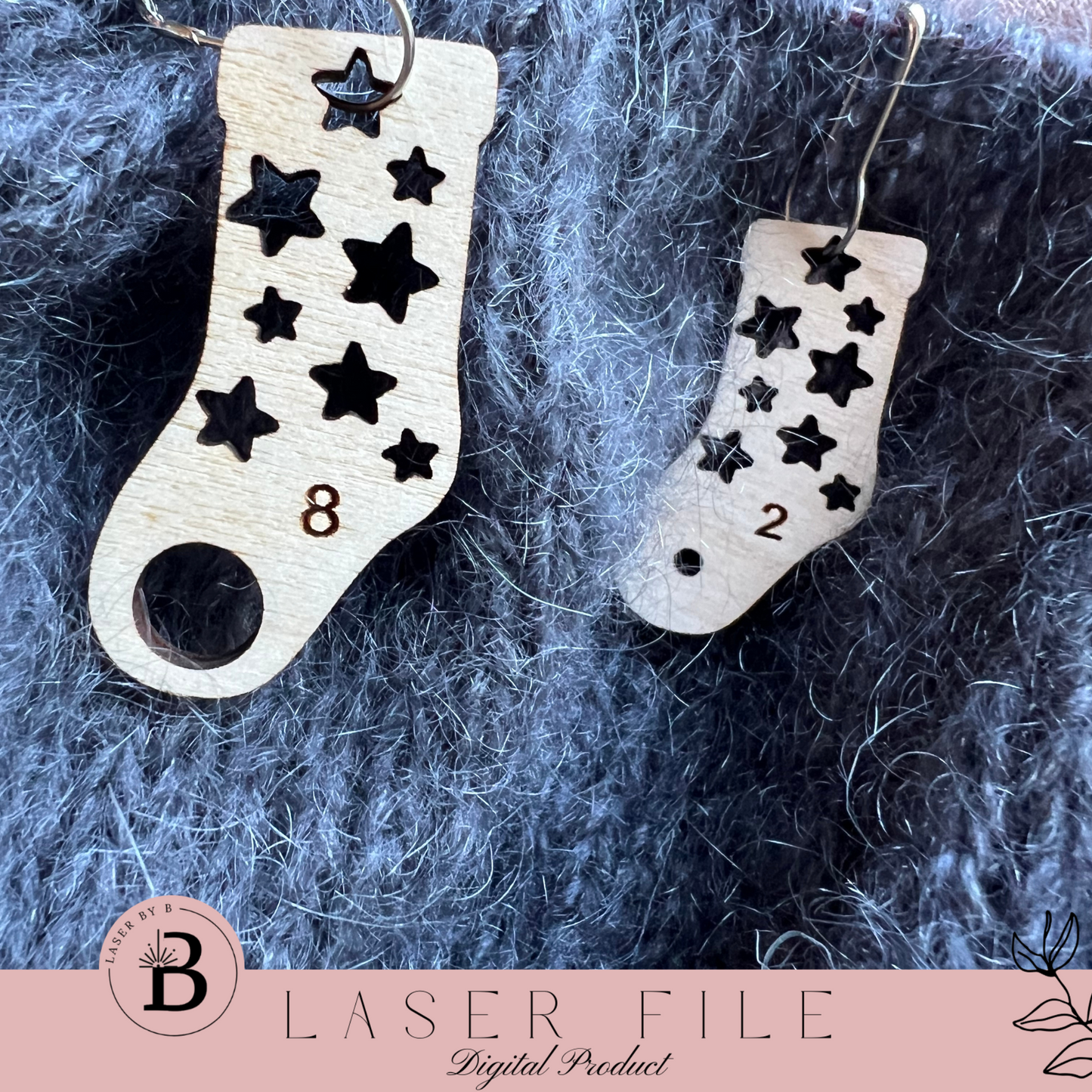 Knitting Stitch Marker Set - Sock-Shaped with Sheep & Star Designs | Includes Needle Marker (US & MM Sizes) | Laser Cut File