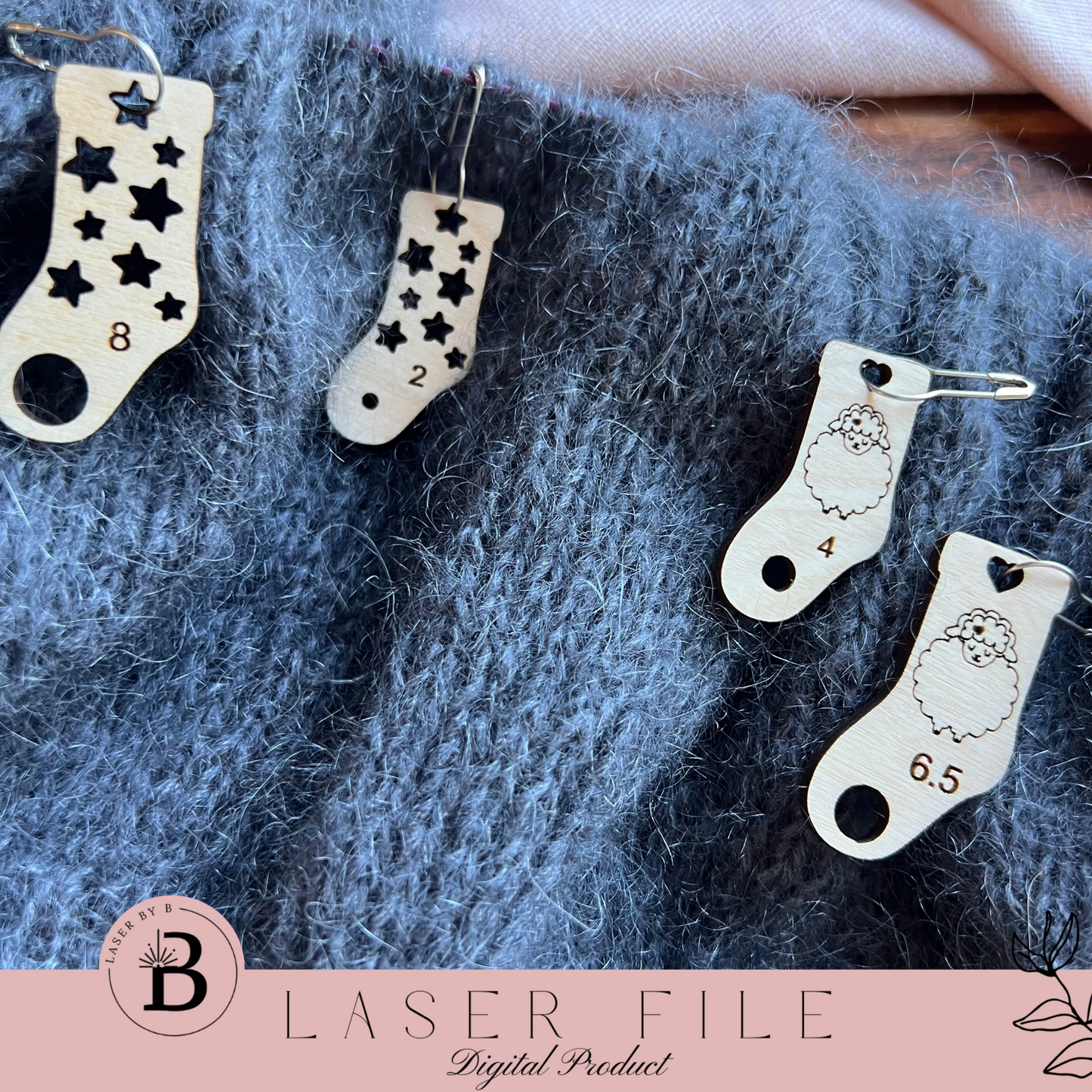 Knitting Stitch Marker Bundle - 8 Sock-Shaped Designs | Sheep, Heart, Yarn, Flower Patterns | Includes Needle Markers (US & MM Sizes) | Laser Cut Files