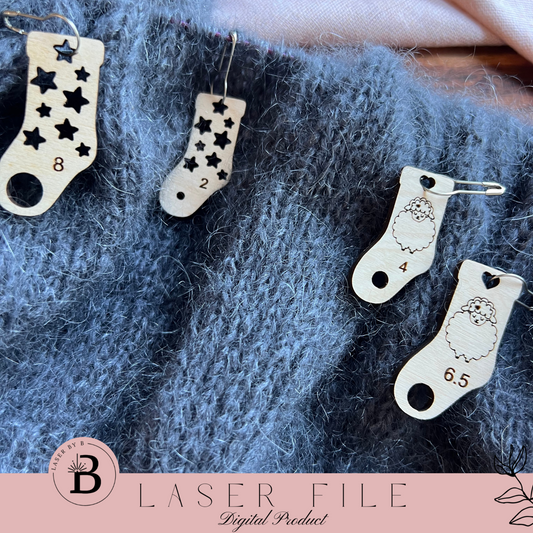 Knitting Stitch Marker Set - Sock-Shaped with Sheep & Star Designs | Includes Needle Marker (US & MM Sizes) | Laser Cut File