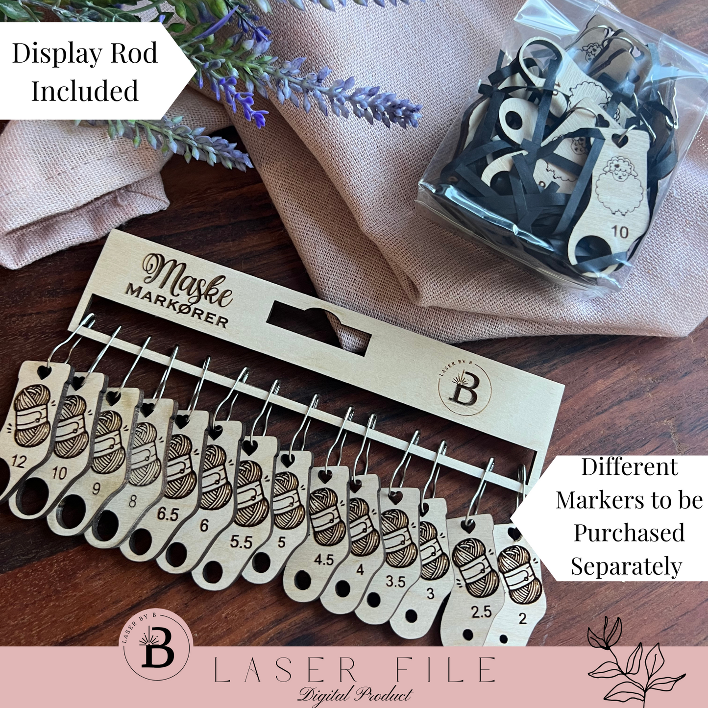 Knitting Stitch Marker Bundle - 8 Sock-Shaped Designs | Sheep, Heart, Yarn, Flower Patterns | Includes Needle Markers (US & MM Sizes) | Laser Cut Files