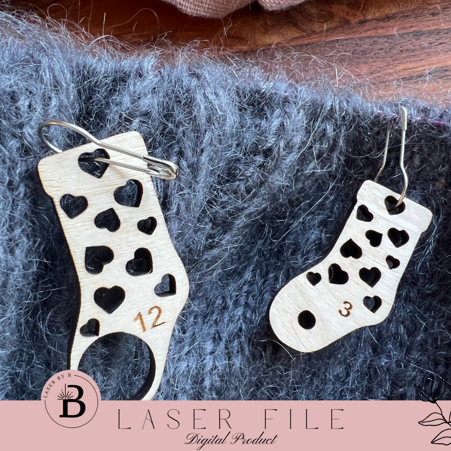 Knitting Stitch Marker Set - Sock-Shaped with Sheep & Heart Patterns | Includes Needle Marker (US & MM Sizes) | Laser Cut File