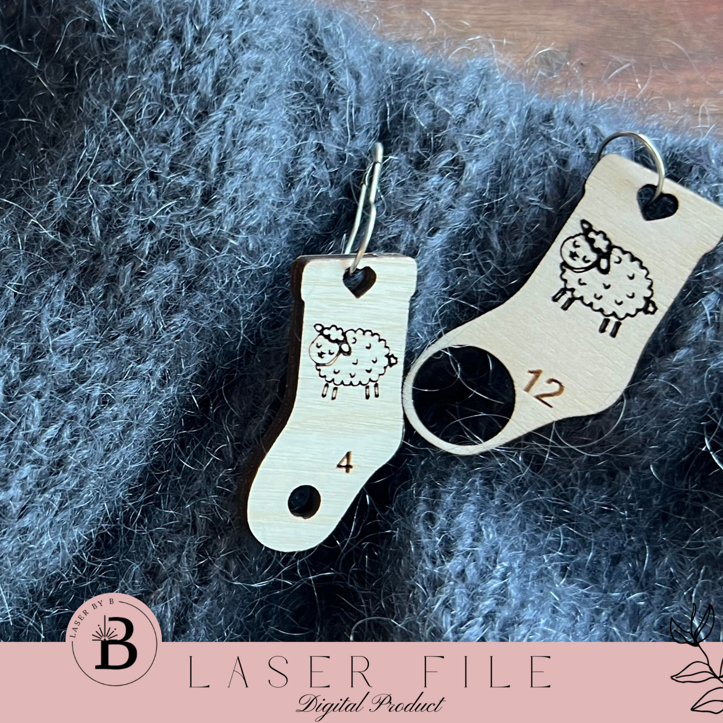 Knitting Stitch Marker Set - Sock-Shaped with Sheep & Heart Patterns | Includes Needle Marker (US & MM Sizes) | Laser Cut File