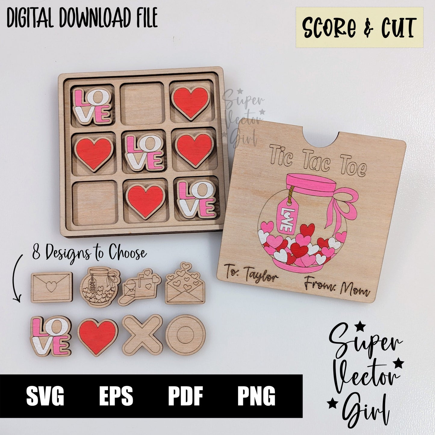 Tic Tac Toe Game with Box Lid, Valentine's Day, Anniversary, SVG, Digital Laser Cut File, xTool Glowforge files, Laser Cut Files, Board Game, Kids Game