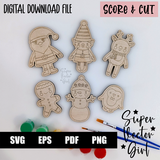 DIY Christmas Paint Kit Set 2, SVG, Score & Cut, Digital Laser Cut File, xTool Glowforge files, Cute Santa Gingerbread man elf penguin