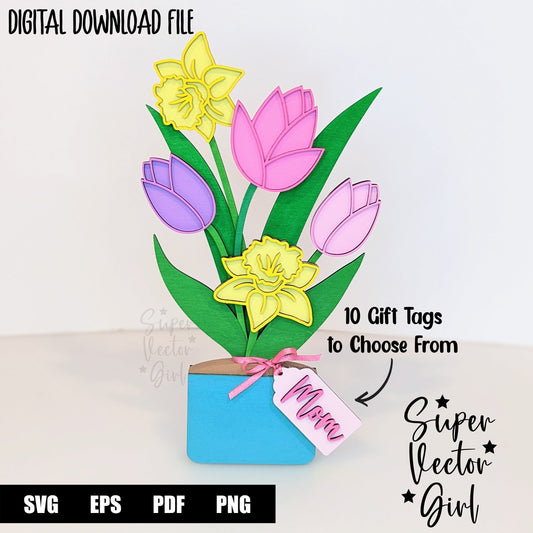 Spring Flower Pot, Laser Cut File, SVG, Mother's Day Flowers, Mom, Tulips Daffodils, Easter, xTool Glowforge files, bouquet decoration centerpiece vase