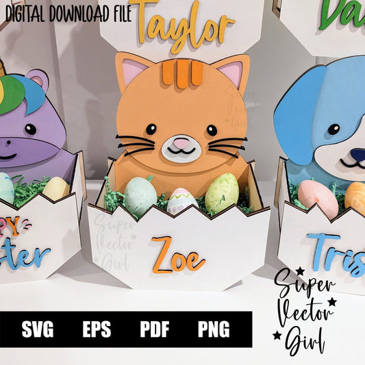 Cat Only Easter Basket Crate, Easter Treats Box, SVG Laser Cut File, xTool Glowforge files, Cute kitty in egg kitten gift box, hatching spring tabby pet