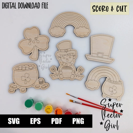 St. Patrick's Day DIY Paint Kit Set, Saint Patrick, SVG, Score & Cut, Laser Cut File, xTool Glowforge files, Cute leprechaun, rainbow, pot of gold