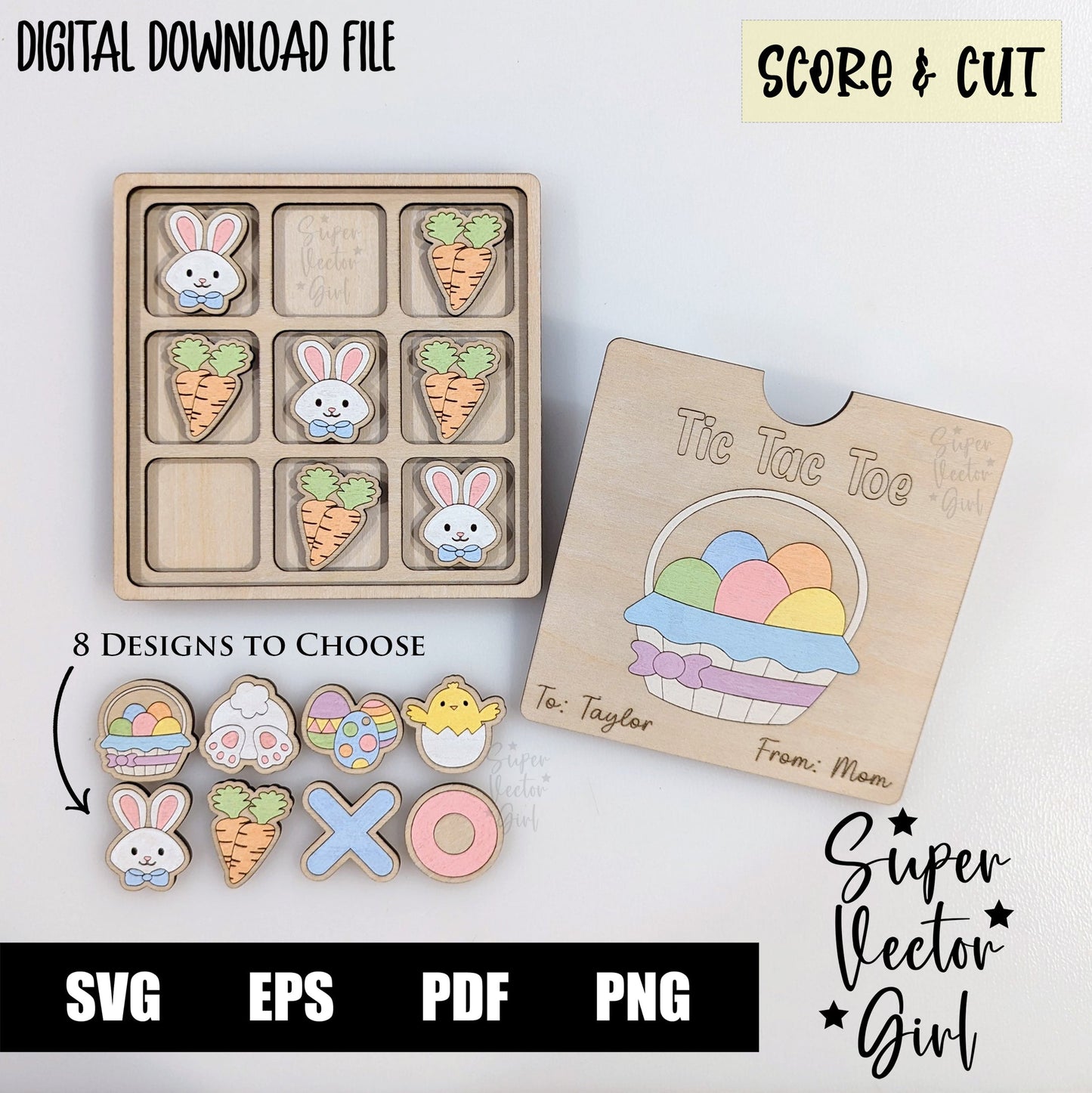 Tic Tac Toe Game with Box Lid, Easter, Basket Stuffer, SVG, Digital Cut File, xTool Glowforge files, Laser Cut Files, Board Game, Kids Game