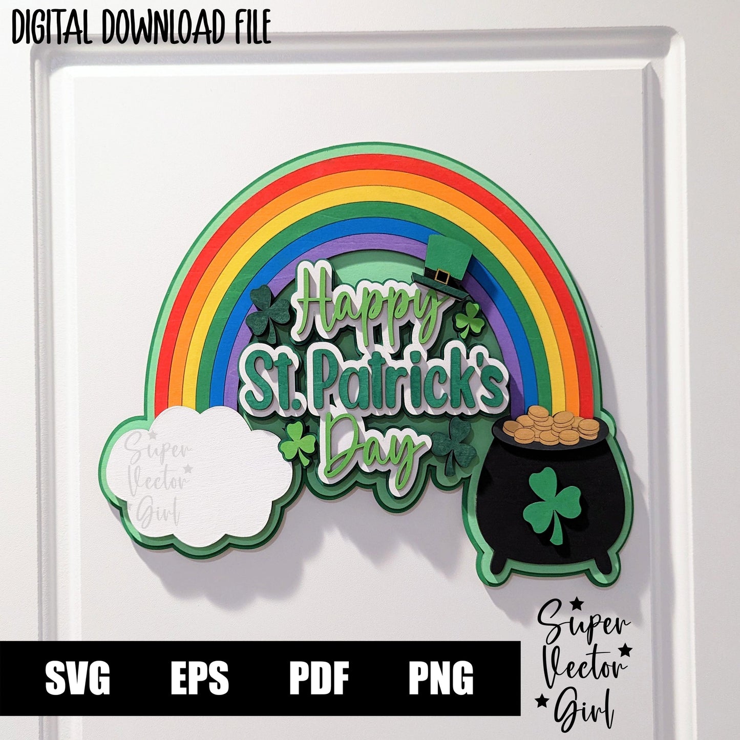 St. Patrick's Day Layered Door Hanger Sign, SVG, Laser Cut File, xTool Glowforge files, Wall Decor, Home Decoration, St Patty Rainbow, pot of gold