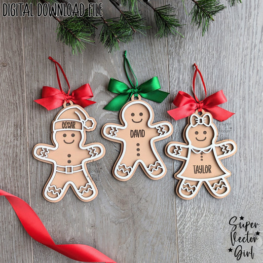 Gingerbread Man Christmas Ornament, SVG, Laser Cut File, Custom Name Personalized, xTool Glowforge files, Gingerbread Girl Boy People, Santa Gift Tag