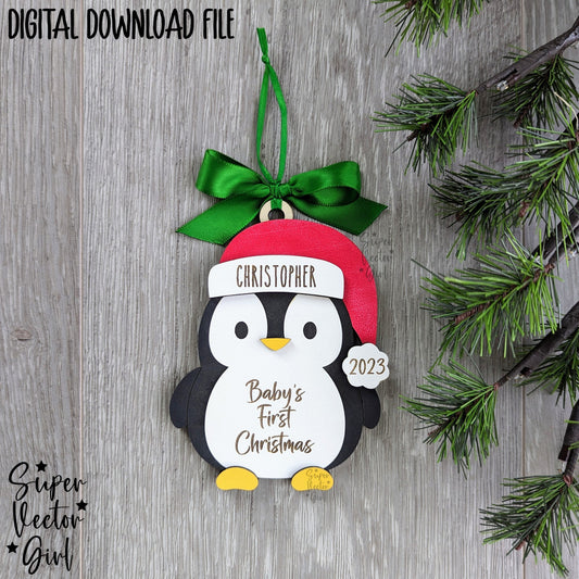 Penguin Baby's First Christmas Ornament, SVG, Laser Cut File, Personalized 1st Year Christmas, New Baby, Newborn, Shower Gift, 2024
