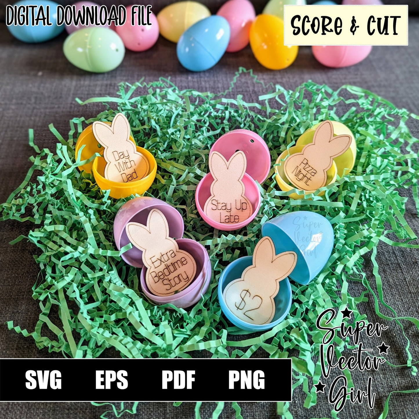 Easter Bunny Egg Tokens SVG Set, Score & Cut, Laser Cut File, xTool Glowforge files, Cute Rabbit, Egg Filler, Prize Reward Token Kids Eggs Hunt