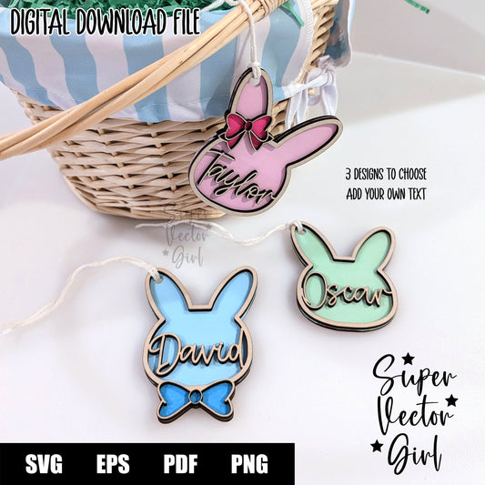 Easter Bunny Basket Tags, SVG, Laser Cut File, xTool Glowforge files, Cute Rabbit, Bunny, Name Tag, Gift Tag, Personalized Charm, Bunnies Hanger