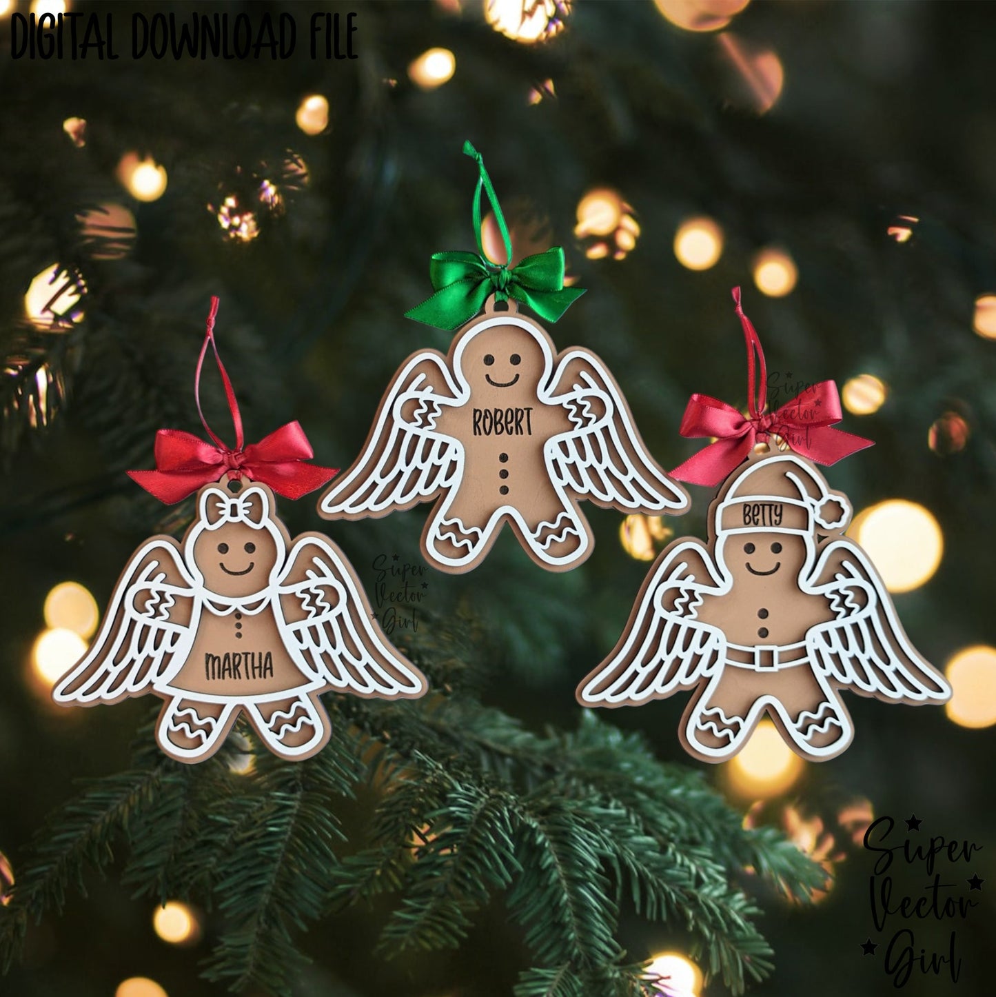 Gingerbread Man with Angel Wings, Christmas Ornament, Personalized Name Memorial, SVG, Laser Cut File, Gingerbread Angels Girl Boy Santa Gift