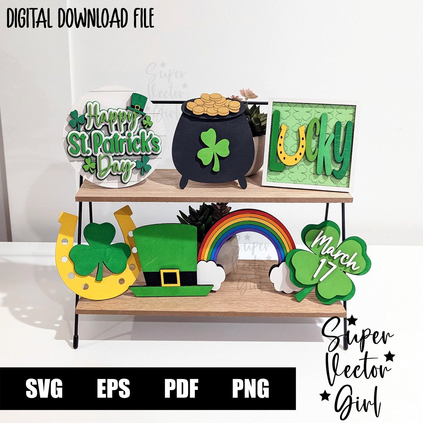 St. Patrick’s Day Tiered Tray Decor Bundle, St Patty’s Day Decoration, SVG, Laser Cut File, xTool Glowforge files, leprechaun, rainbow pot of gold