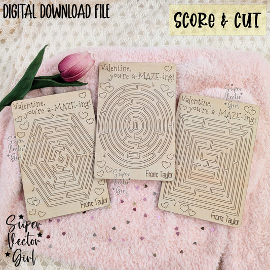 Valentine Maze Card Set SVG Laser Cut File Valentine's Day Score and Cut Wooden Class Valentines Mazes Personalized xTool Glowforge files