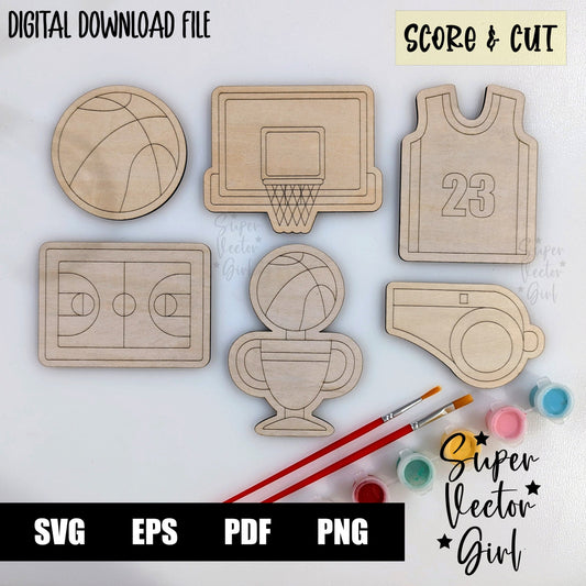 Basketball DIY Paint Kit Set, SVG, Score & Cut, Laser Cut File, xTool Glowforge files, sports, sport, trophy, jersey, hoop, court, kid coloring