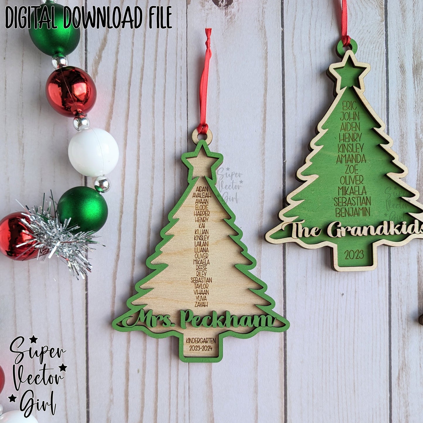 Personalized Teacher or Large Family Christmas Tree Ornament, SVG, Digital Laser Cut File files, Grand Children, Engraved Class List, Student Names, Teacher Gift