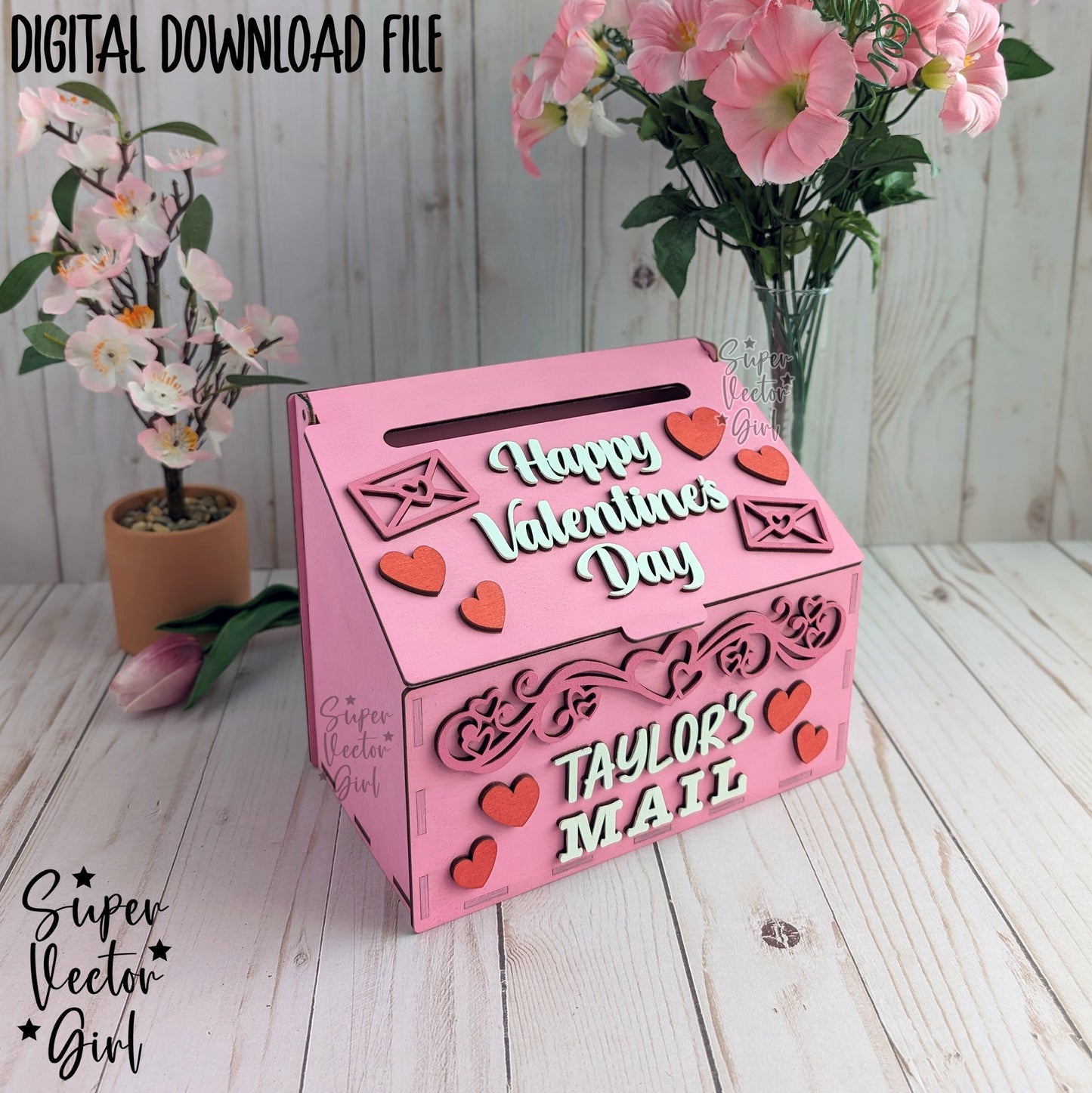 Valentines Day Mailbox for Cards Letters Mail, SVG Laser Cut File, Valentine's Kids DIY Paint Kit, Valentine Love Post Box, xTool Glowforge files