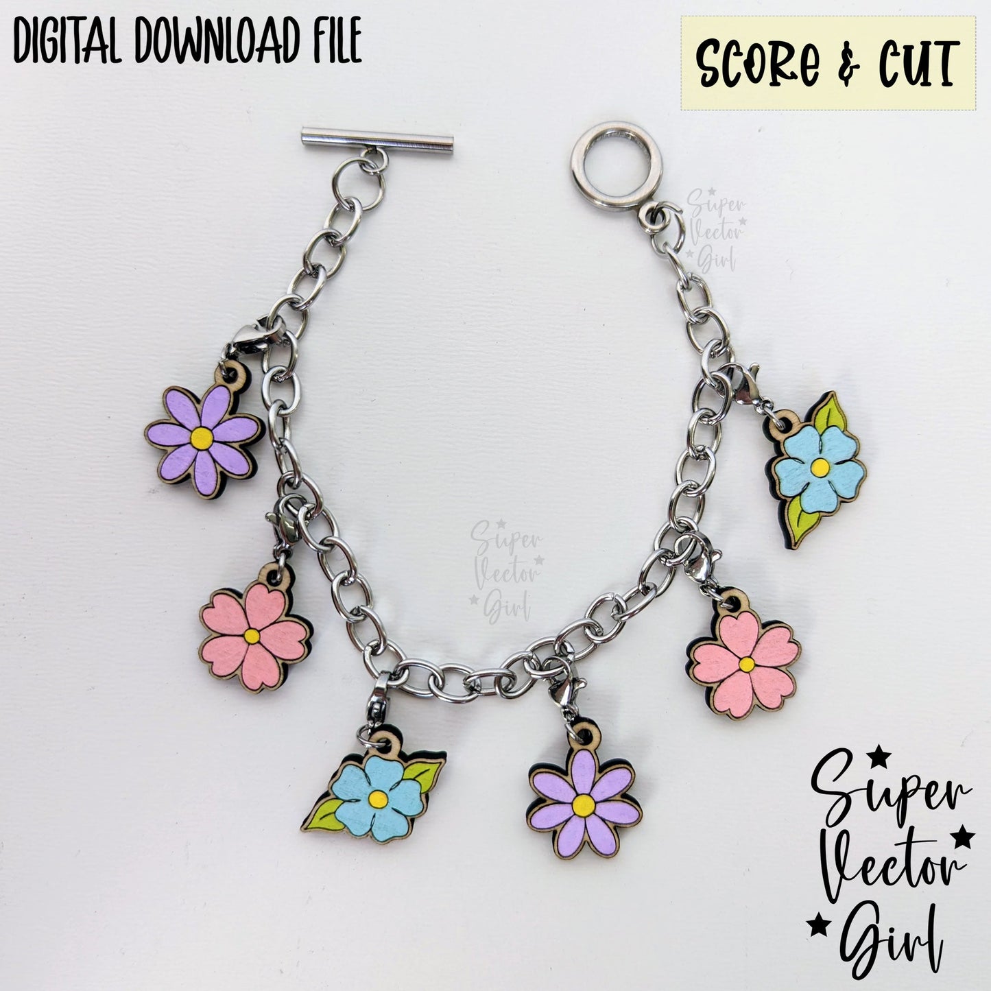 Floral Flowers Bracelet Charms Bundle Set, SVG, Digital Laser Cut File, xTool Glowforge files, Score & Cut, Cute Spring Flower Daisy Mom Mother's Day