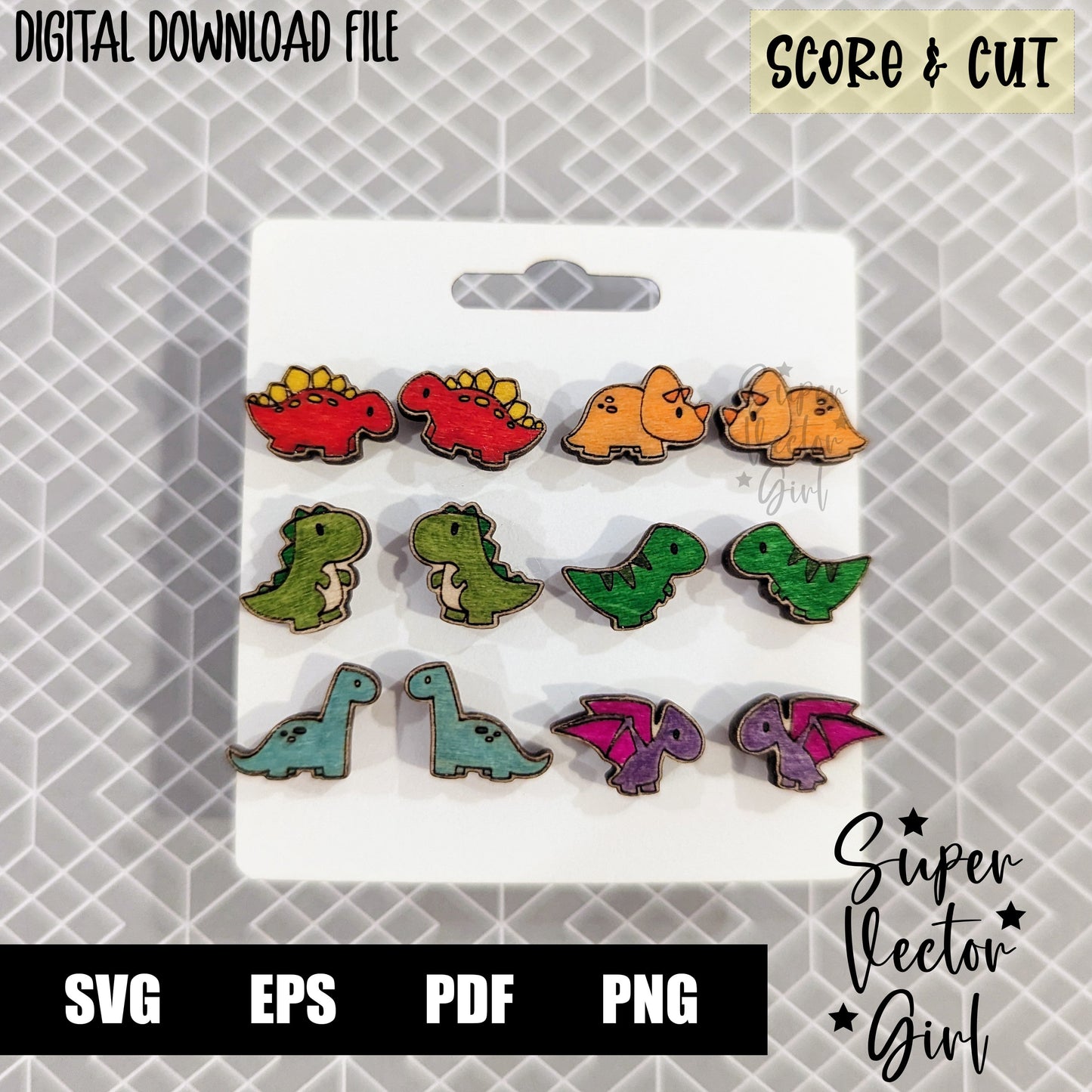 Dinosaur Stud Earrings Bundle Set, SVG, Digital Laser Cut File, xTool Glowforge files, Score & Cut, Cute, Funny, Dino, Laser Cut Earrings