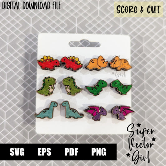 Dinosaur Stud Earrings Bundle Set, SVG, Digital Laser Cut File, xTool Glowforge files, Score & Cut, Cute, Funny, Dino, Laser Cut Earrings