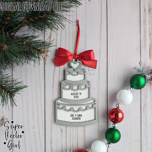 Wedding Cake Personalized Christmas Ornament, SVG, Laser Cut File files, Gift Couple Engagement, Bride, 1st First Christmas Married, Mr. Mrs. Custom Name