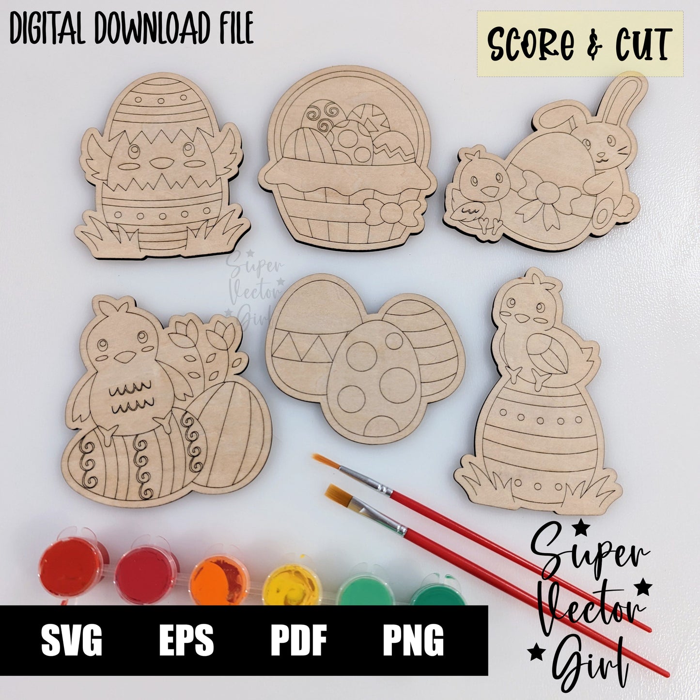 Easter DIY Paint Kit Set, SVG, Score & Cut, Digital Laser Cut File, xTool Glowforge files, Cute rabbit bunny chick eggs, basket stuffers