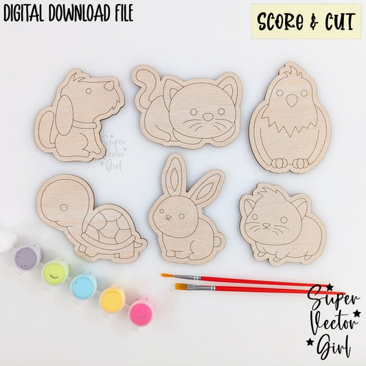 Pets Animals DIY Paint Kit Set, SVG, Score & Cut, Laser Cut File, xTool Glowforge files, Birthday Party pet dog cat bird hamster turtle kid coloring