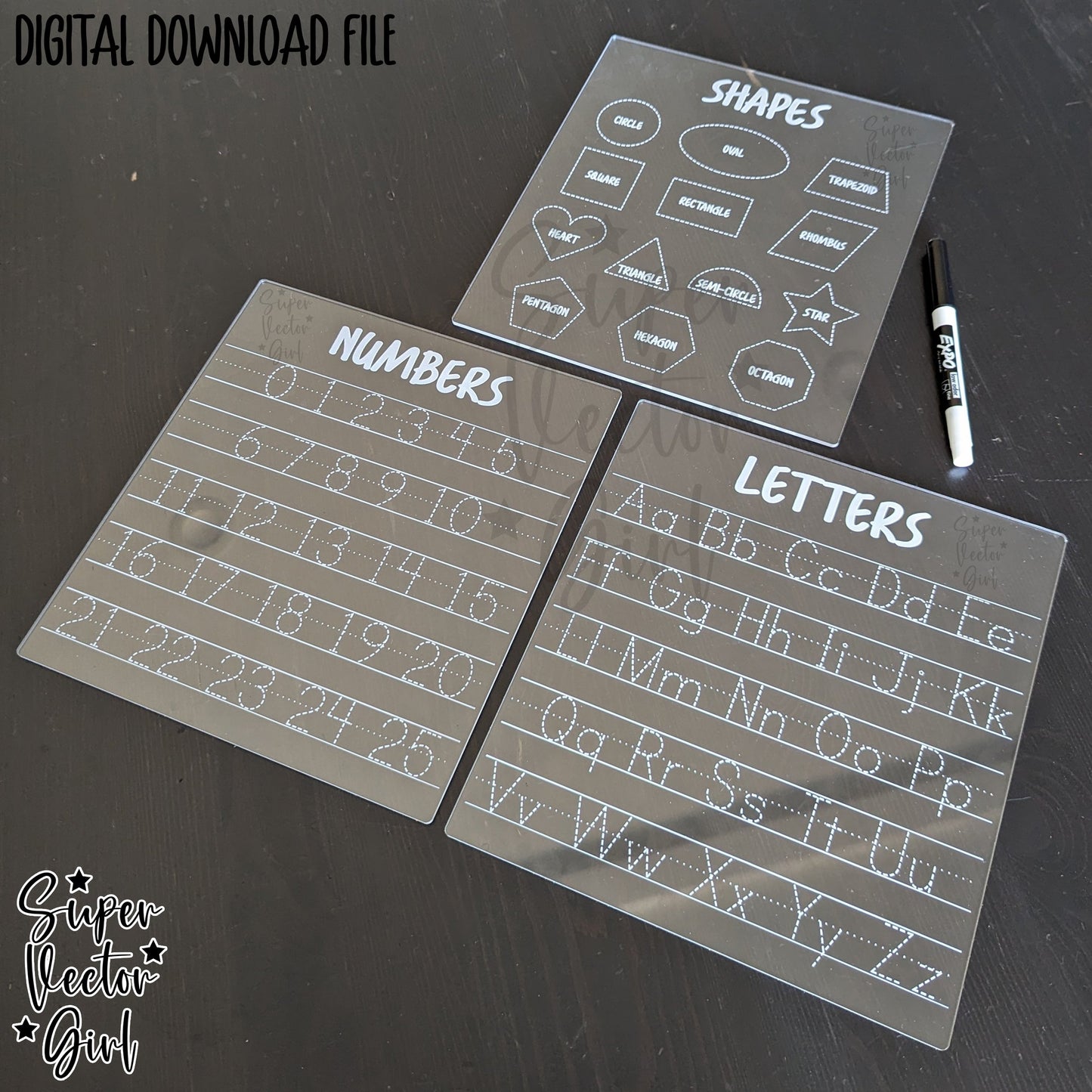 Tracing Boards Bundle Set, SVG Digital Laser Cut File, xTool Glowforge files, Educational Dry Erase Letters Numbers Shapes Tracing Board Reusable