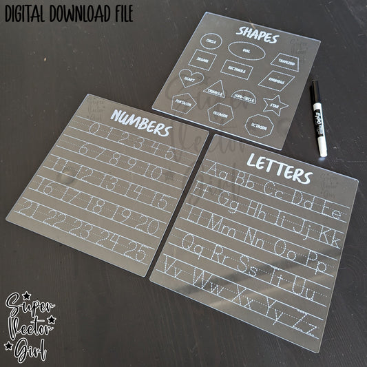 Tracing Boards Bundle Set, SVG Digital Laser Cut File, xTool Glowforge files, Educational Dry Erase Letters Numbers Shapes Tracing Board Reusable