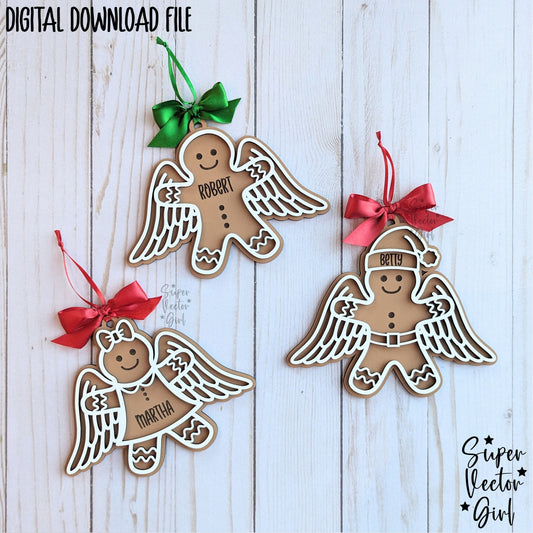 Gingerbread Man with Angel Wings, Christmas Ornament, Personalized Name Memorial, SVG, Laser Cut File, Gingerbread Angels Girl Boy Santa Gift