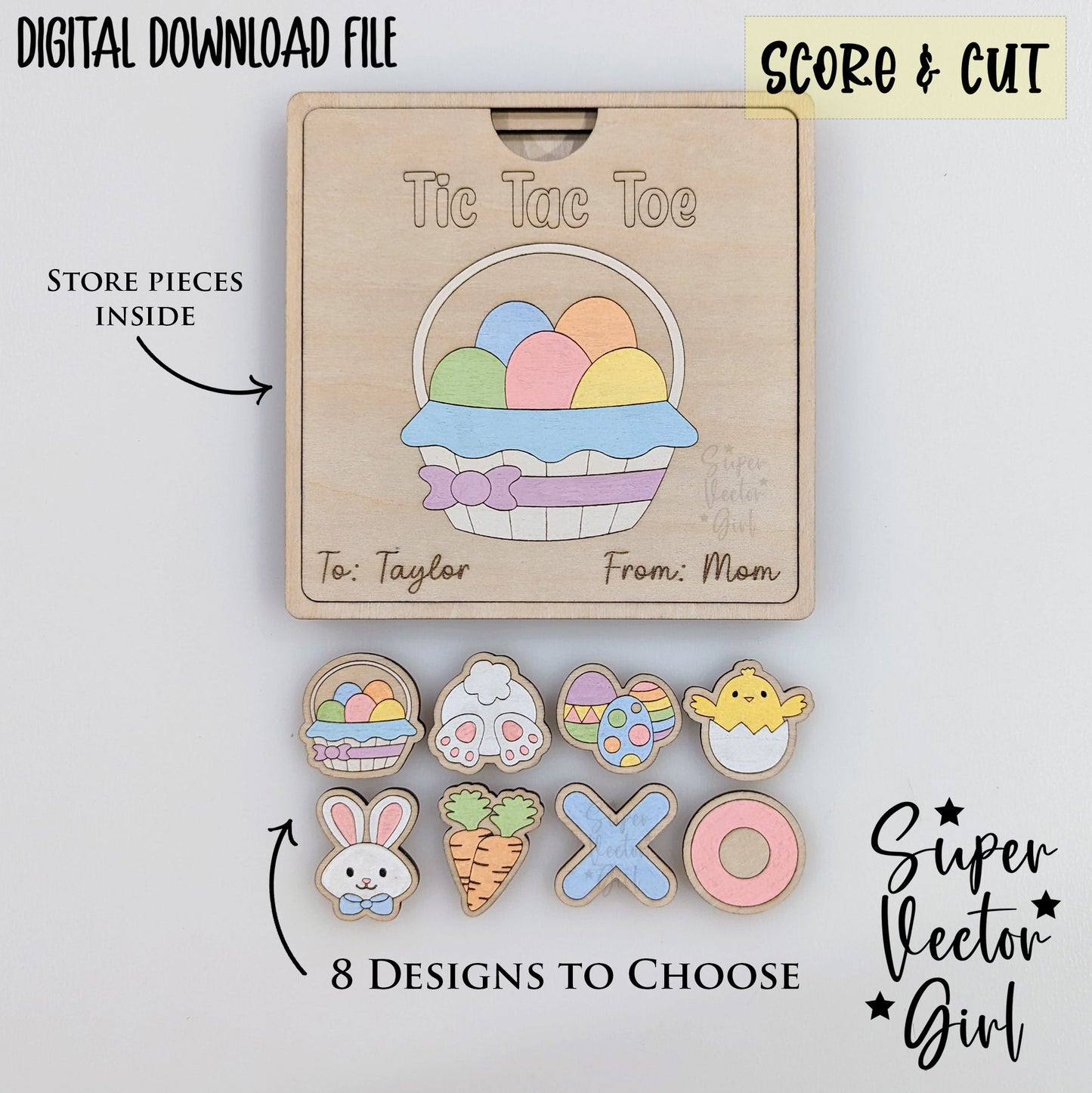 Tic Tac Toe Game with Box Lid, Easter, Basket Stuffer, SVG, Digital Cut File, xTool Glowforge files, Laser Cut Files, Board Game, Kids Game