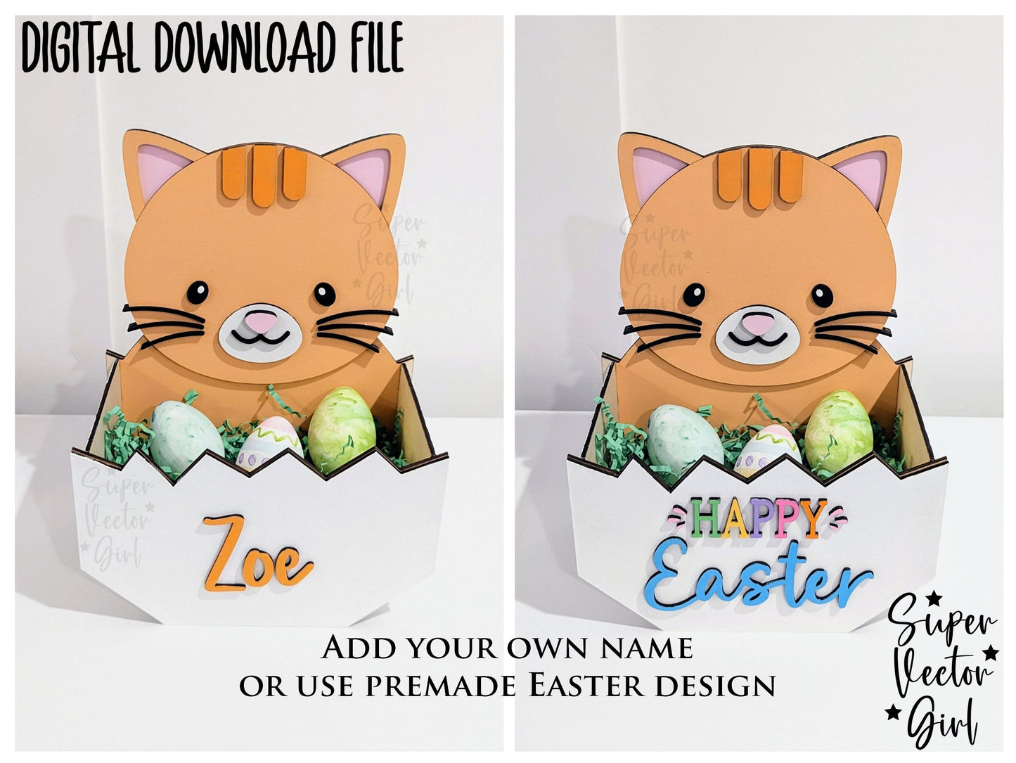 Cat Only Easter Basket Crate, Easter Treats Box, SVG Laser Cut File, xTool Glowforge files, Cute kitty in egg kitten gift box, hatching spring tabby pet