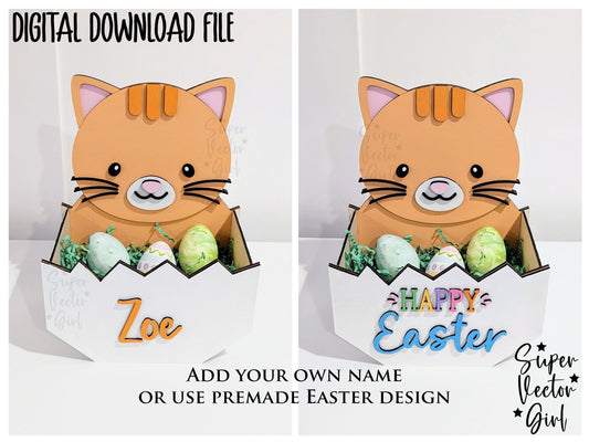 Cat Only Easter Basket Crate, Easter Treats Box, SVG Laser Cut File, xTool Glowforge files, Cute kitty in egg kitten gift box, hatching spring tabby pet