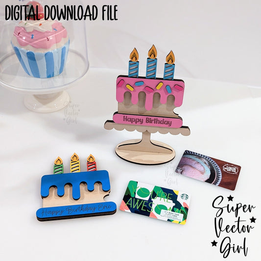 Personalized Cake Gift Card Holder, Happy Birthday Cake with Stand, Laser Cut SVG File, xTool Glowforge files, gift present kids cute dessert party