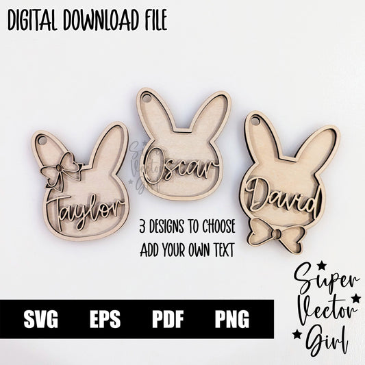 Easter Bunny Basket Tags, SVG, Laser Cut File, xTool Glowforge files, Cute Rabbit, Bunny, Name Tag, Gift Tag, Personalized Charm, Bunnies Hanger