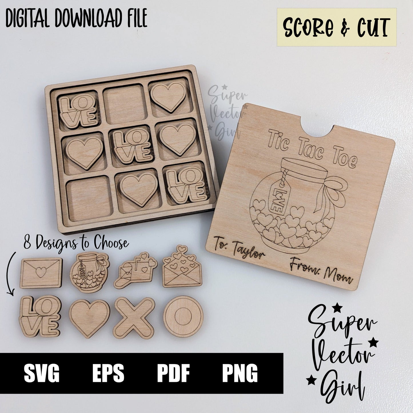 Tic Tac Toe Game with Box Lid, Valentine's Day, Anniversary, SVG, Digital Laser Cut File, xTool Glowforge files, Laser Cut Files, Board Game, Kids Game