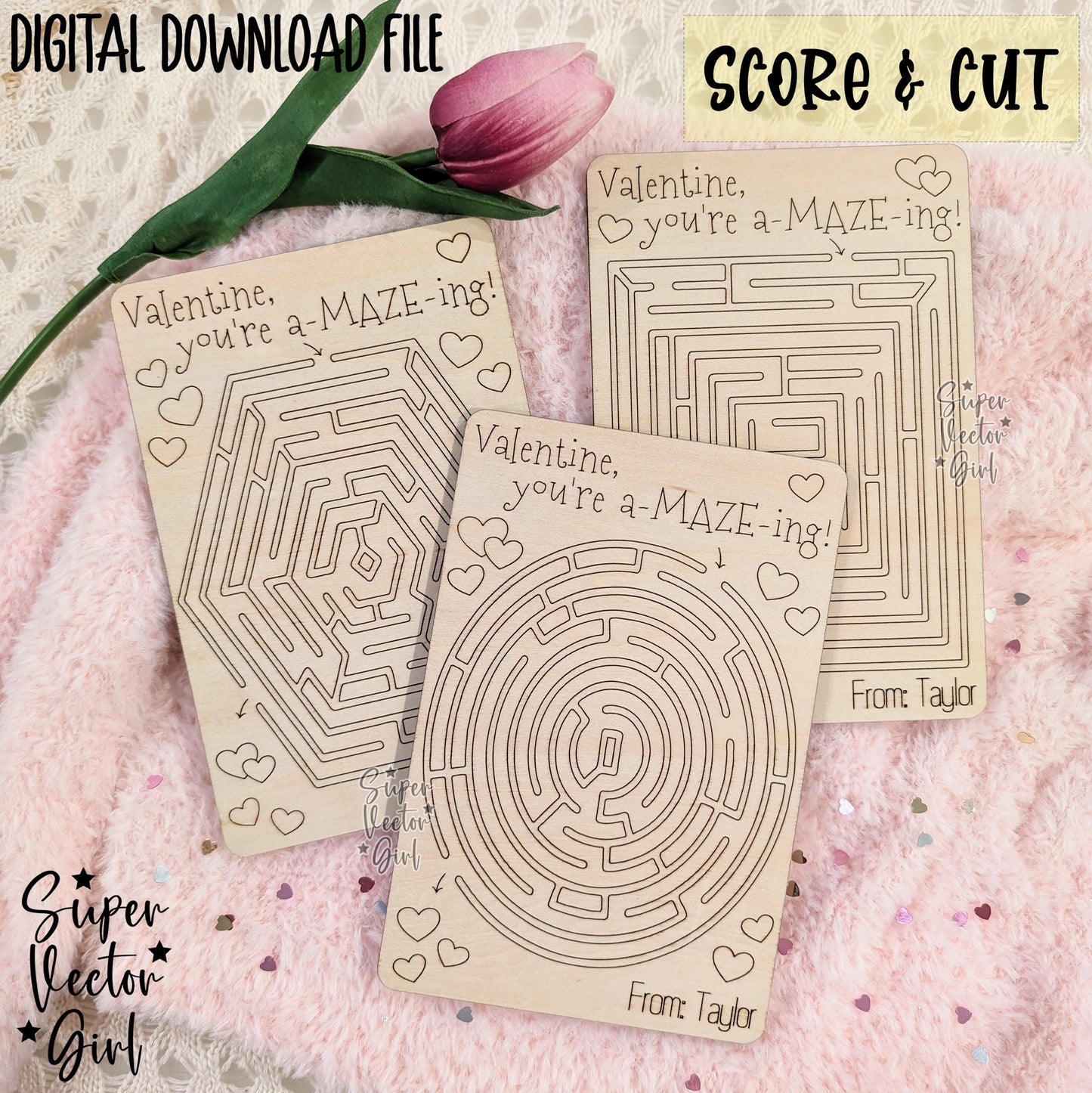 Valentine Maze Card Set SVG Laser Cut File Valentine's Day Score and Cut Wooden Class Valentines Mazes Personalized xTool Glowforge files