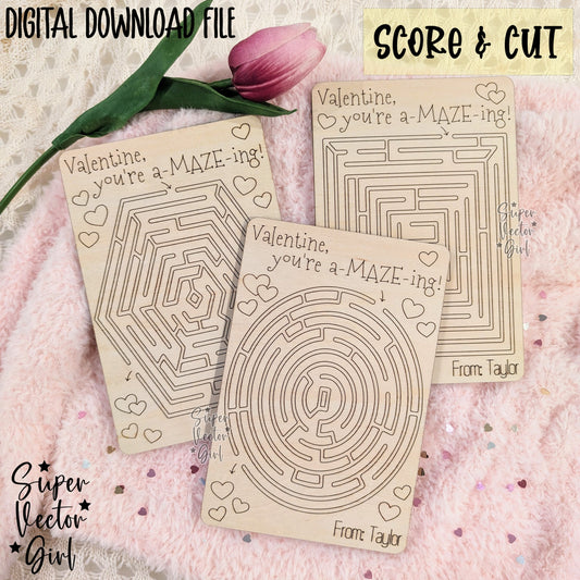 Valentine Maze Card Set SVG Laser Cut File Valentine's Day Score and Cut Wooden Class Valentines Mazes Personalized xTool Glowforge files