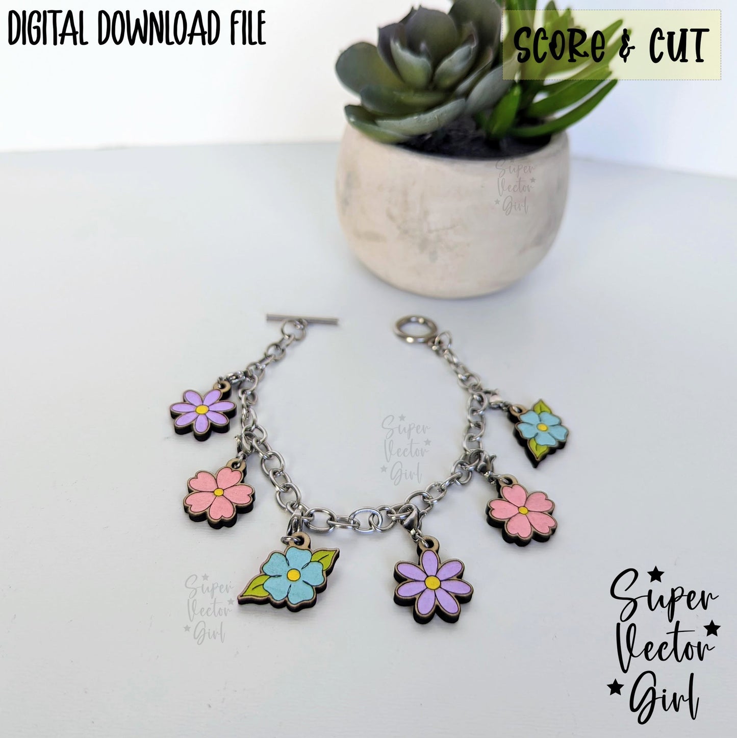 Floral Flowers Bracelet Charms Bundle Set, SVG, Digital Laser Cut File, xTool Glowforge files, Score & Cut, Cute Spring Flower Daisy Mom Mother's Day