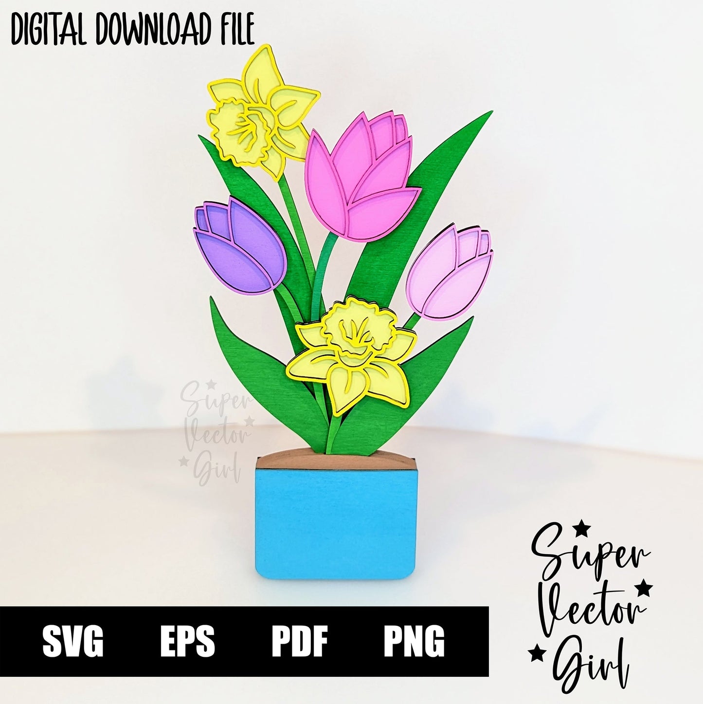 Spring Flower Pot, Laser Cut File, SVG, Mother's Day Flowers, Mom, Tulips Daffodils, Easter, xTool Glowforge files, bouquet decoration centerpiece vase